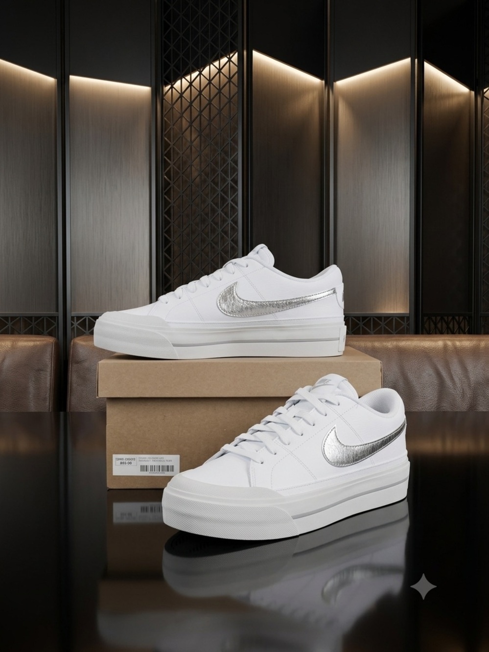 Nike White Sneakers with Metallic Silver Swoosh